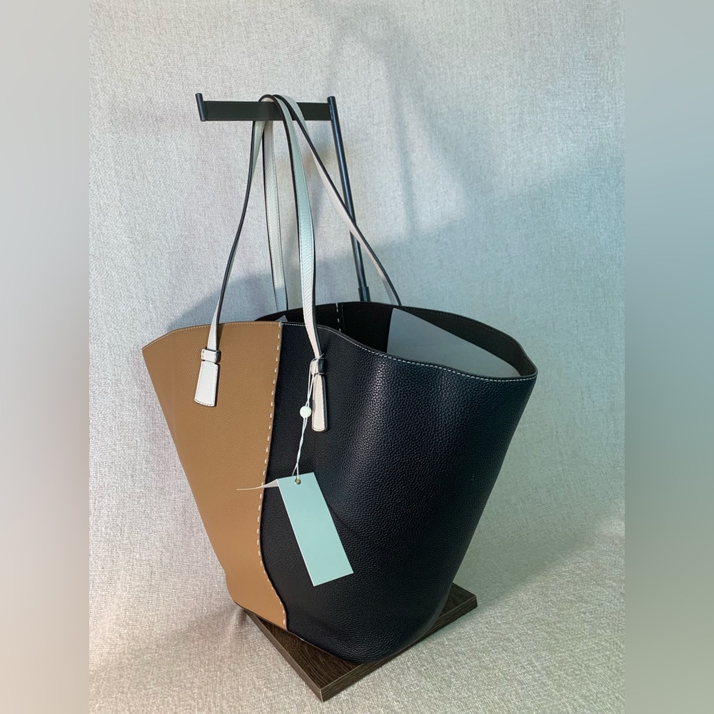 NEW Tory Burch McGraw Tiramisu Tan/Black Color Block Large Leather Tote Bag - Picture 5 of 14